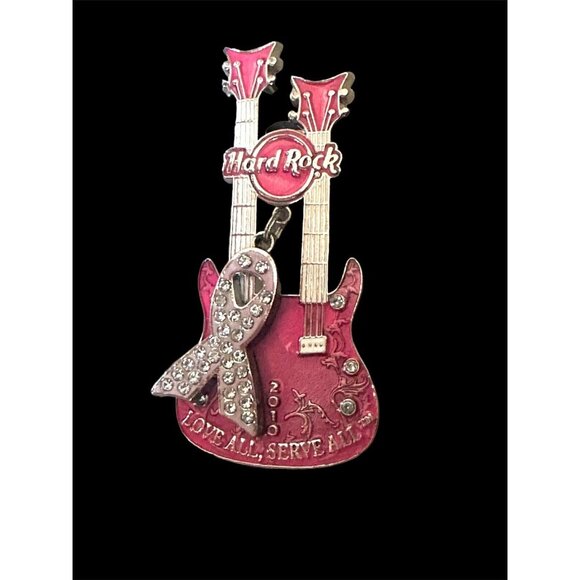 Hard Rock Cafe 2010 - Love All Serve All Breast Cancer - Pink Ribbon Guitar Pin - Picture 3 of 7